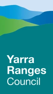 Abstract hills in blue and green with the white text 'Yarra Ranges Council' over a teal background.
